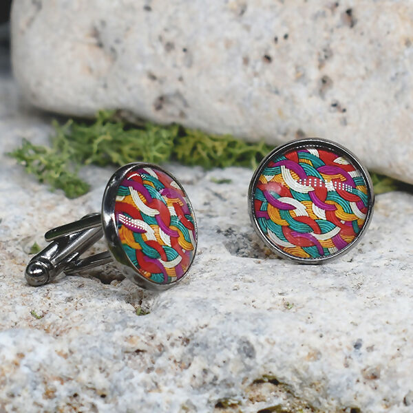 Black Steel Cufflinks with Abstract Glass #104