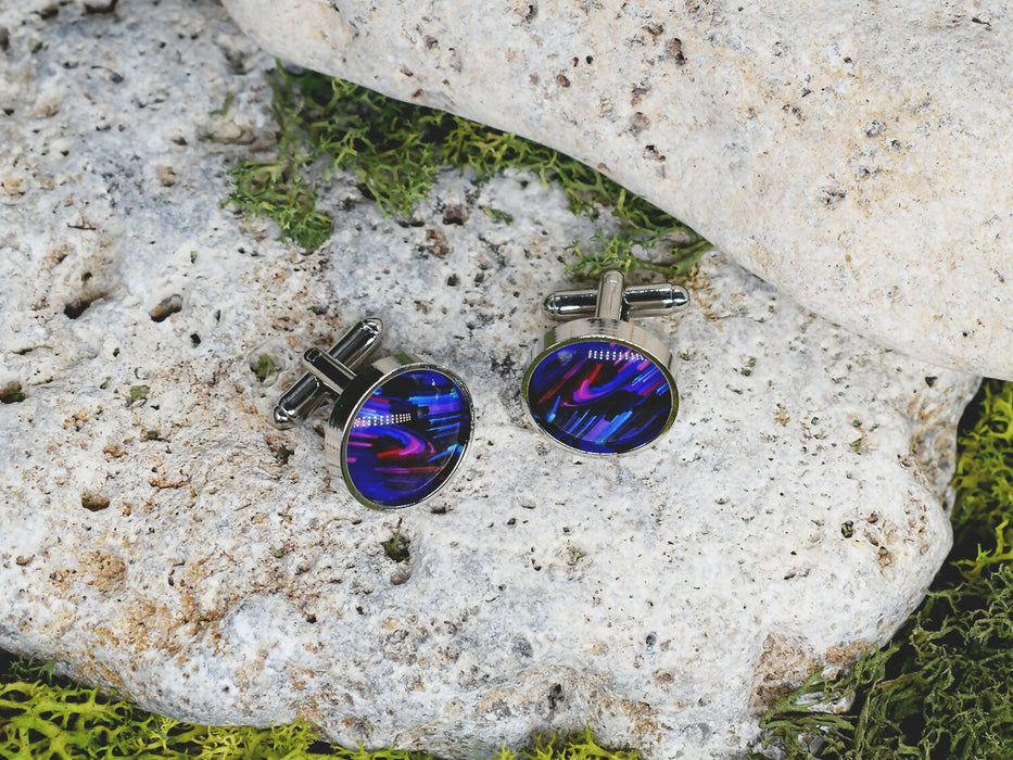 Silver Steel Cufflinks with Abstract Glass #105