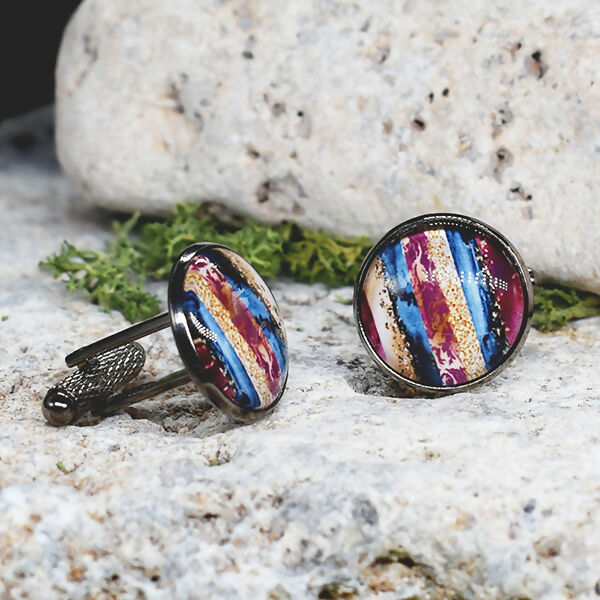 Black Steel Cufflinks with Abstract Glass #114