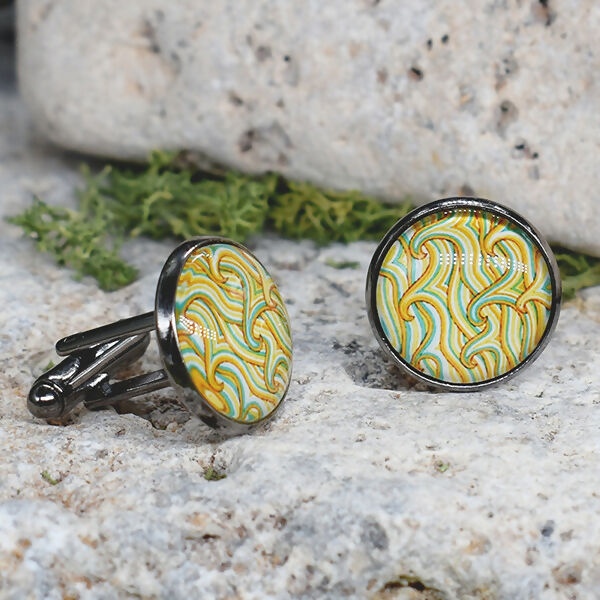 Black Steel Cufflinks with Abstract Glass #103