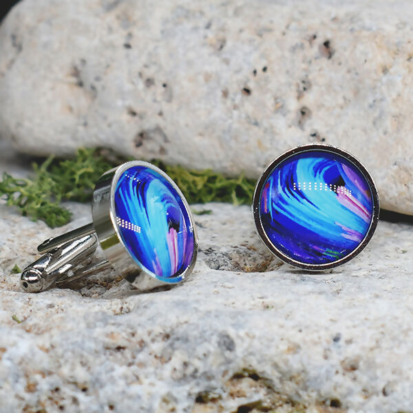 Silver Steel Cufflinks with Abstract Glass #108