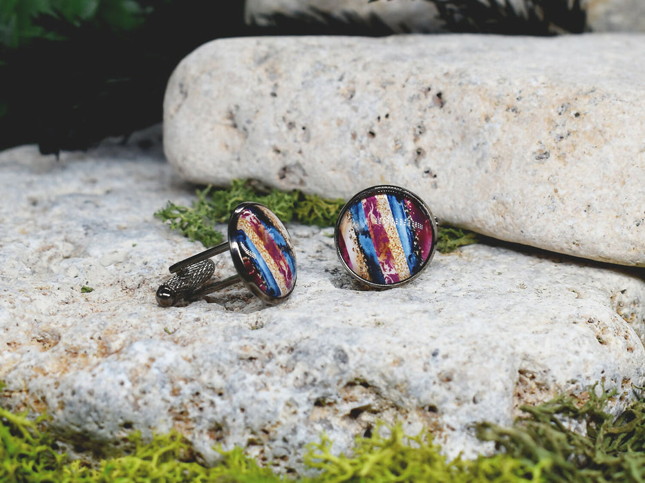 Black Steel Cufflinks with Abstract Glass #114