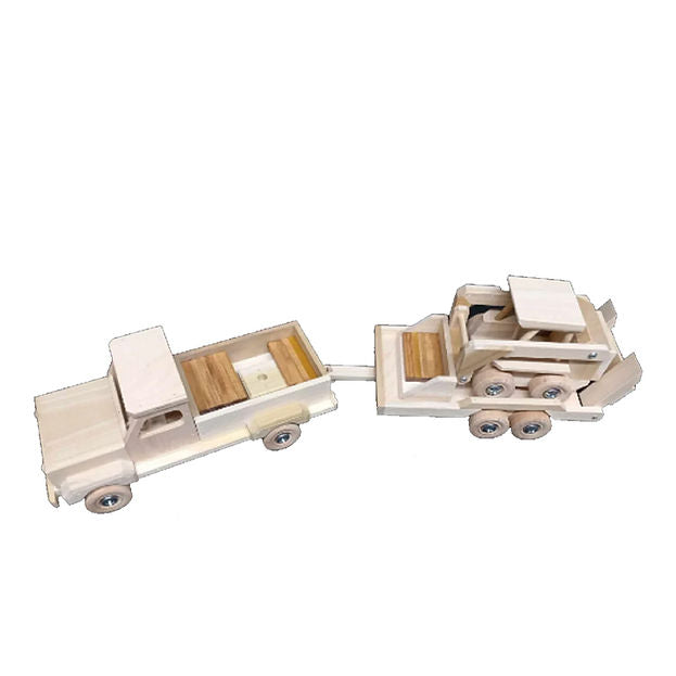 Wooden Toy Truck, Flatbed Trailer and Skid Loader Set