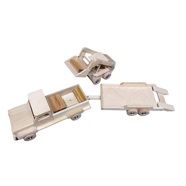 Wooden Toy Truck, Flatbed Trailer and Skid Loader Set