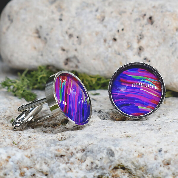 Silver Steel Cufflinks with Abstract Glass #110