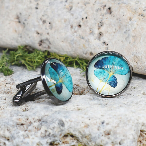 Black Steel Cufflinks with Abstract Floral Glass #84