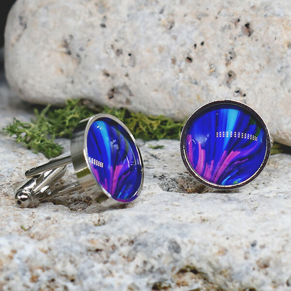Silver Steel Cufflinks with Abstract Glass #111