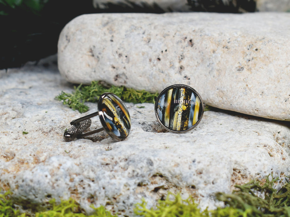 Black Steel Cufflinks with Abstract Glass #115