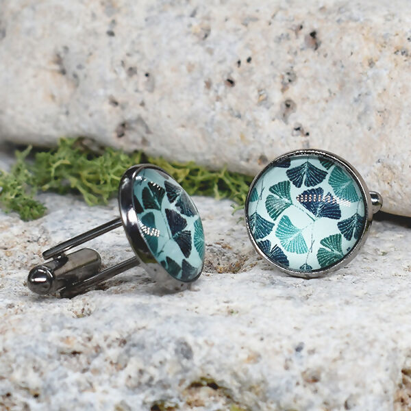 Black Steel Cufflinks with Abstract Floral Glass #85