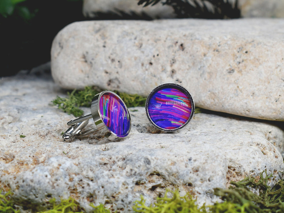 Silver Steel Cufflinks with Abstract Glass #110