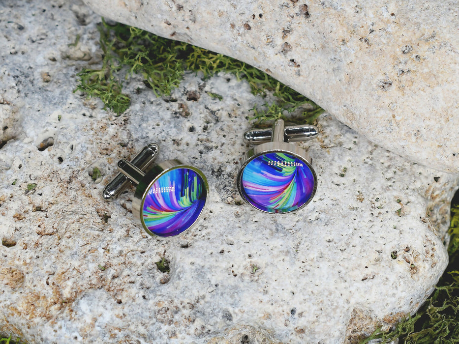 Silver Steel Cufflinks with Abstract Glass #107