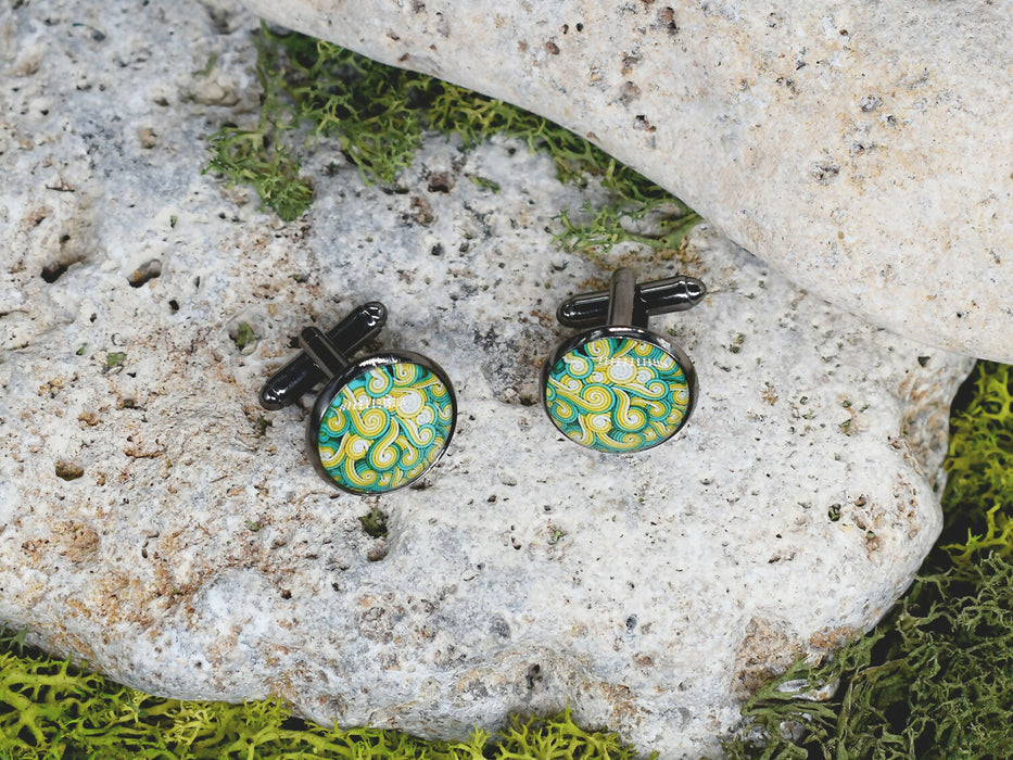 Black Steel Cufflinks with Abstract Glass #101