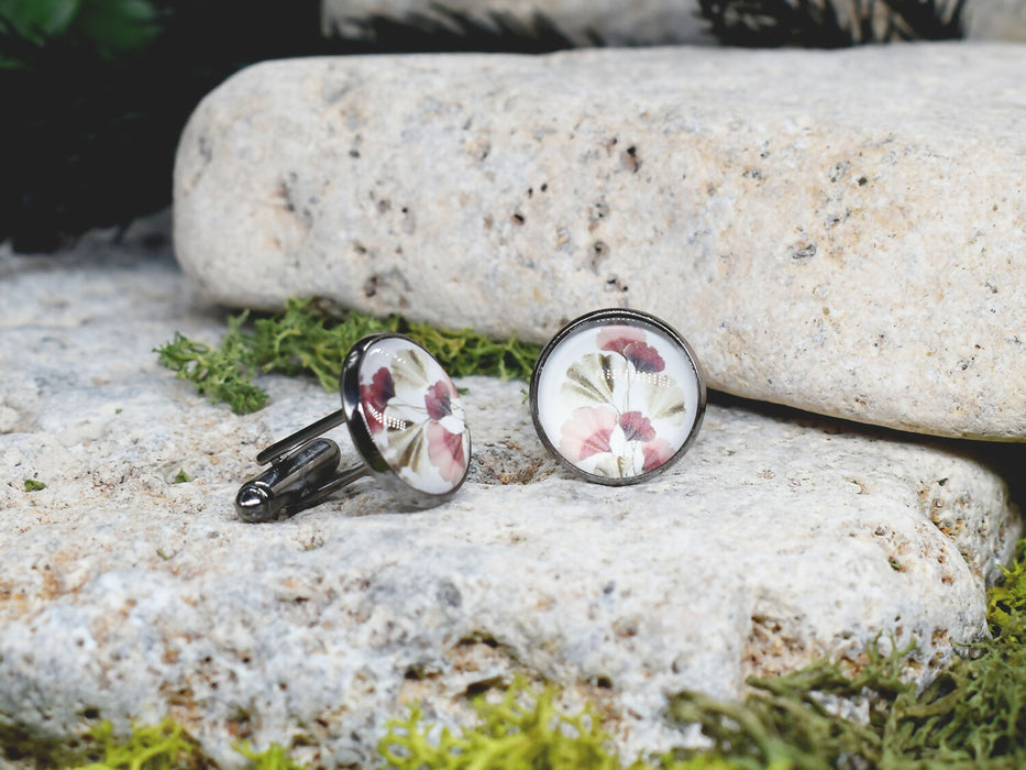 Black Steel Cufflinks with Abstract Floral Glass #83