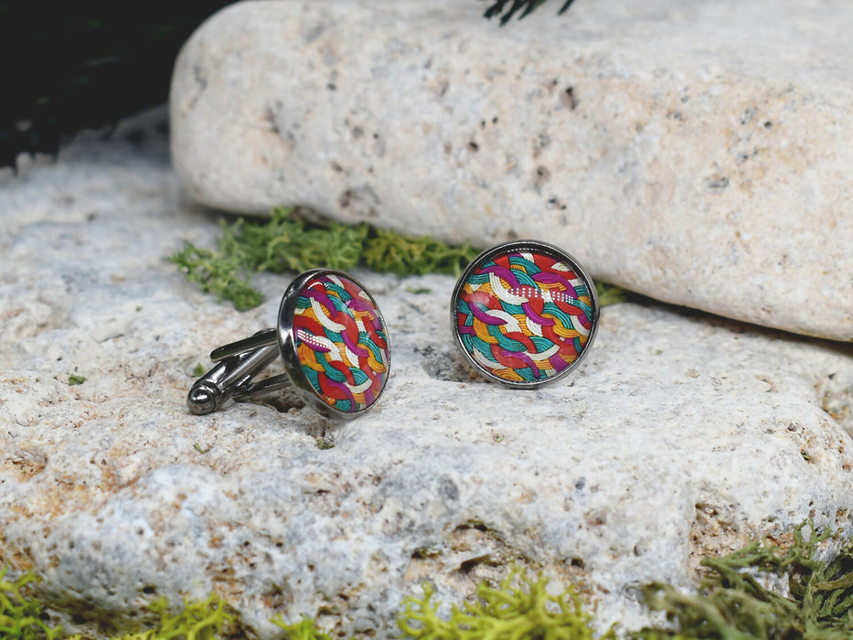 Black Steel Cufflinks with Abstract Glass #104
