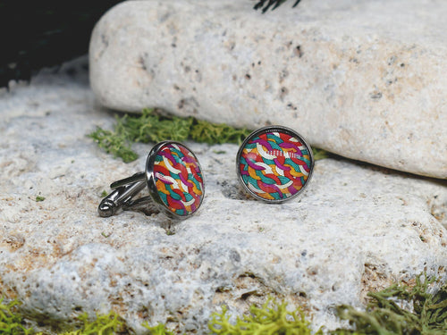 Black Steel Cufflinks with Abstract Glass #104