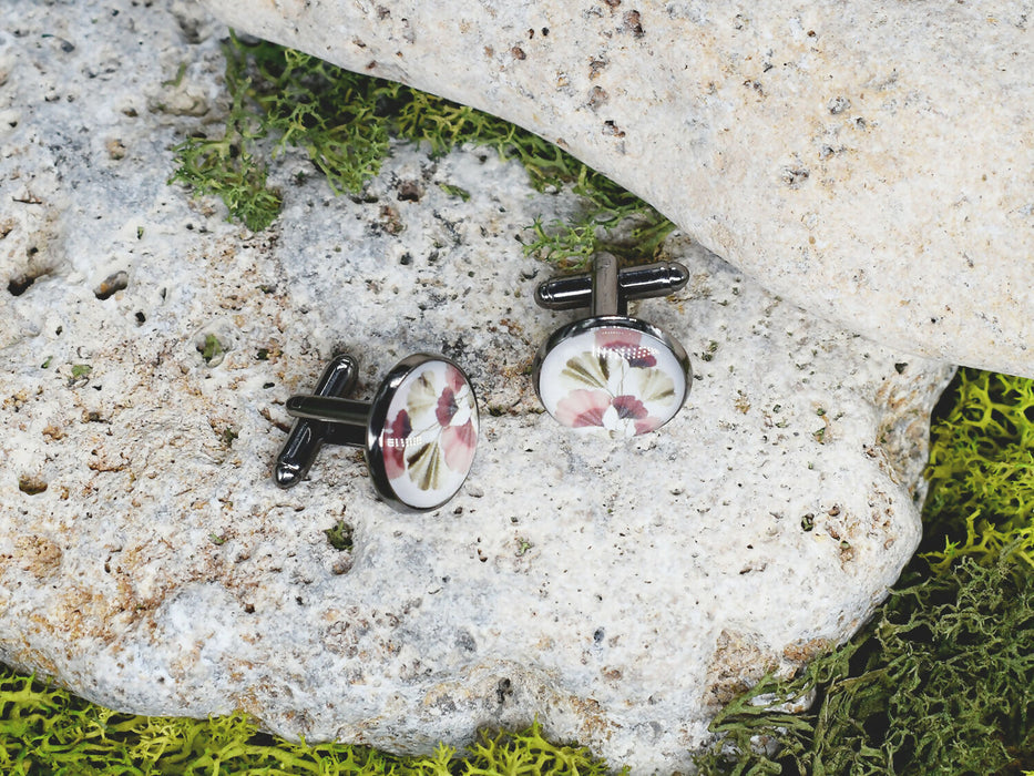 Black Steel Cufflinks with Abstract Floral Glass #83