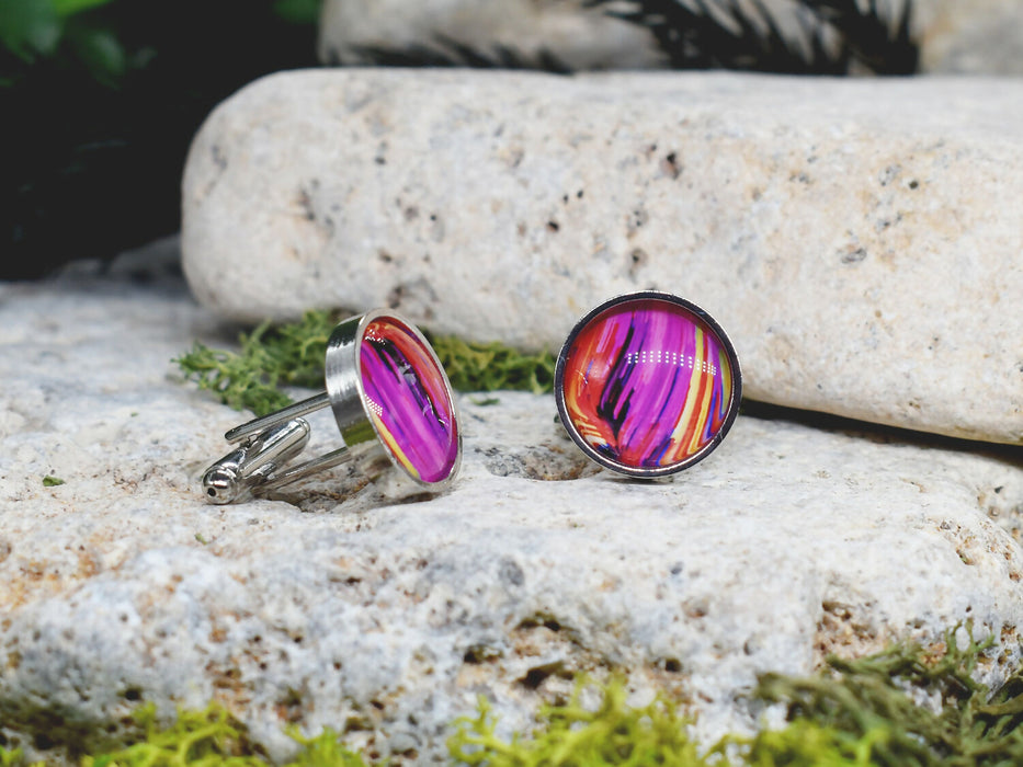 Silver Steel Cufflinks with Abstract Glass #112