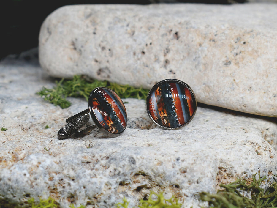Black Steel Cufflinks with Abstract Glass #117