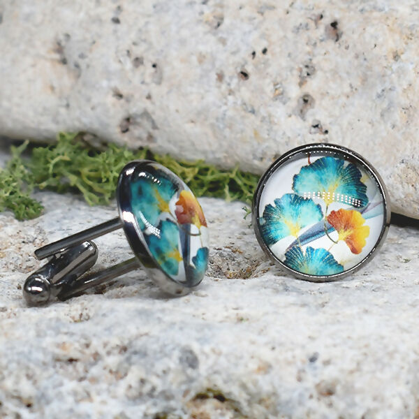 Black Steel Cufflinks with Abstract Floral Glass #86