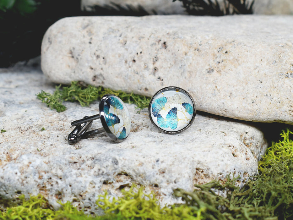 Black Steel Cufflinks with Abstract Floral Glass #87