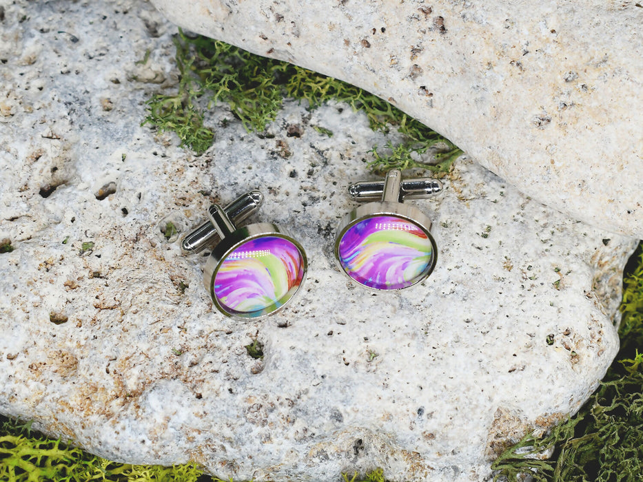 Silver Steel Cufflinks with Abstract Glass #113