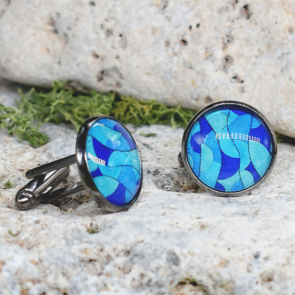 Black Steel Cufflinks with Abstract Glass #98