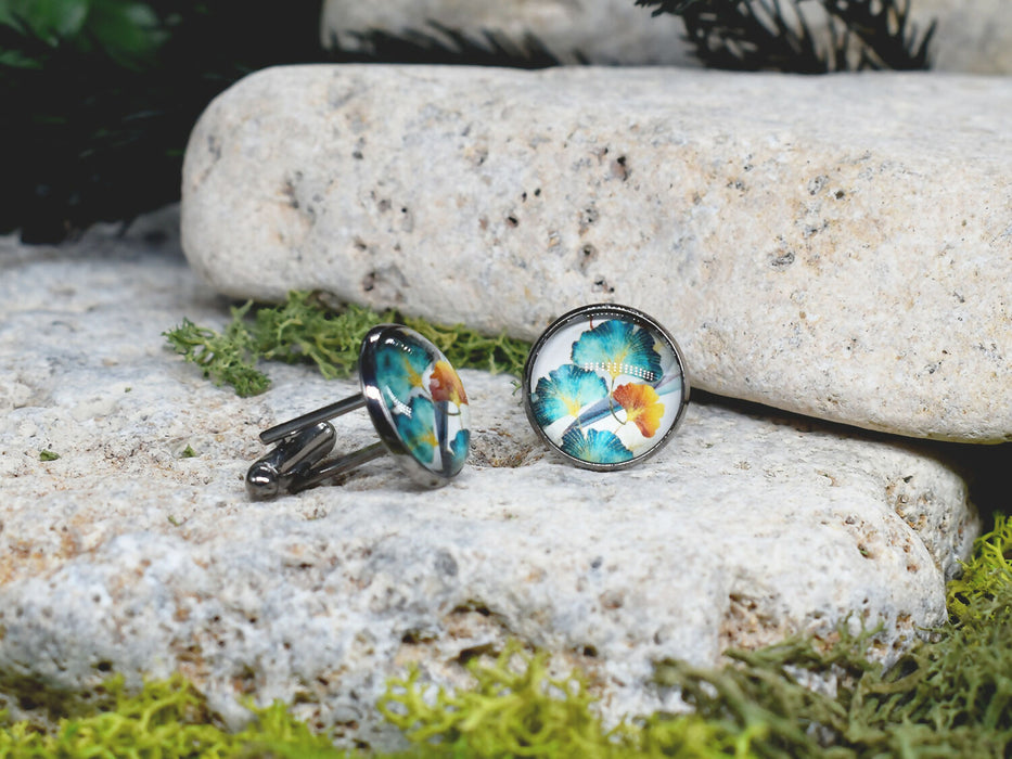 Black Steel Cufflinks with Abstract Floral Glass #86
