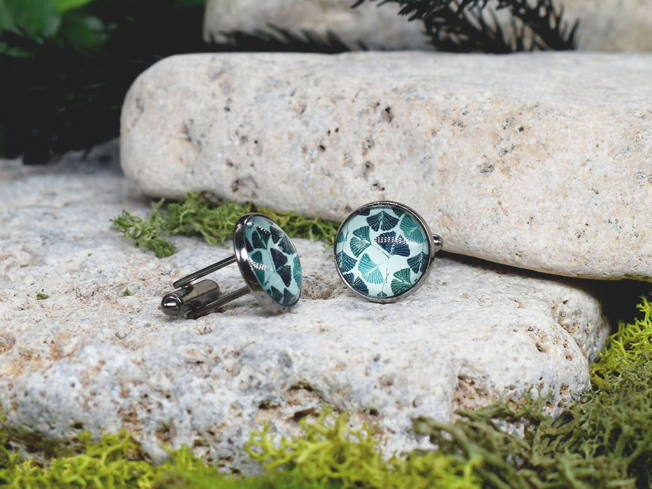 Black Steel Cufflinks with Abstract Floral Glass #85