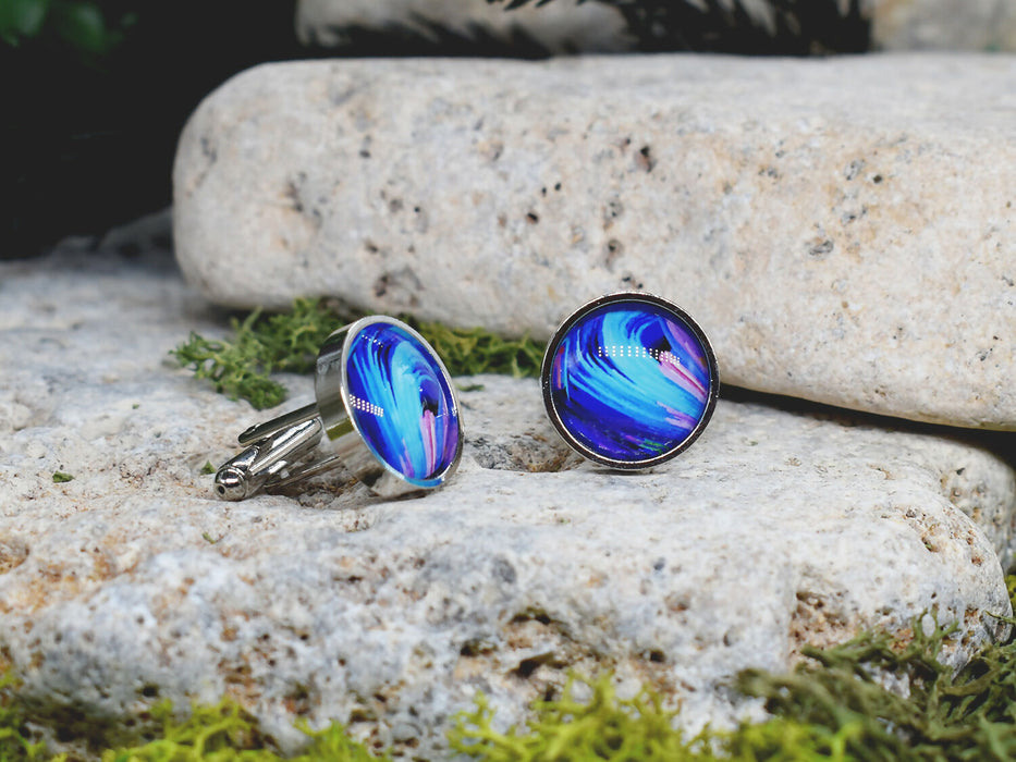 Silver Steel Cufflinks with Abstract Glass #108