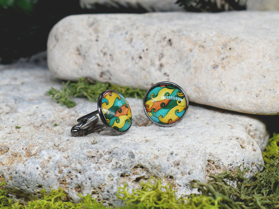 Black Steel Cufflinks with Abstract Glass #97