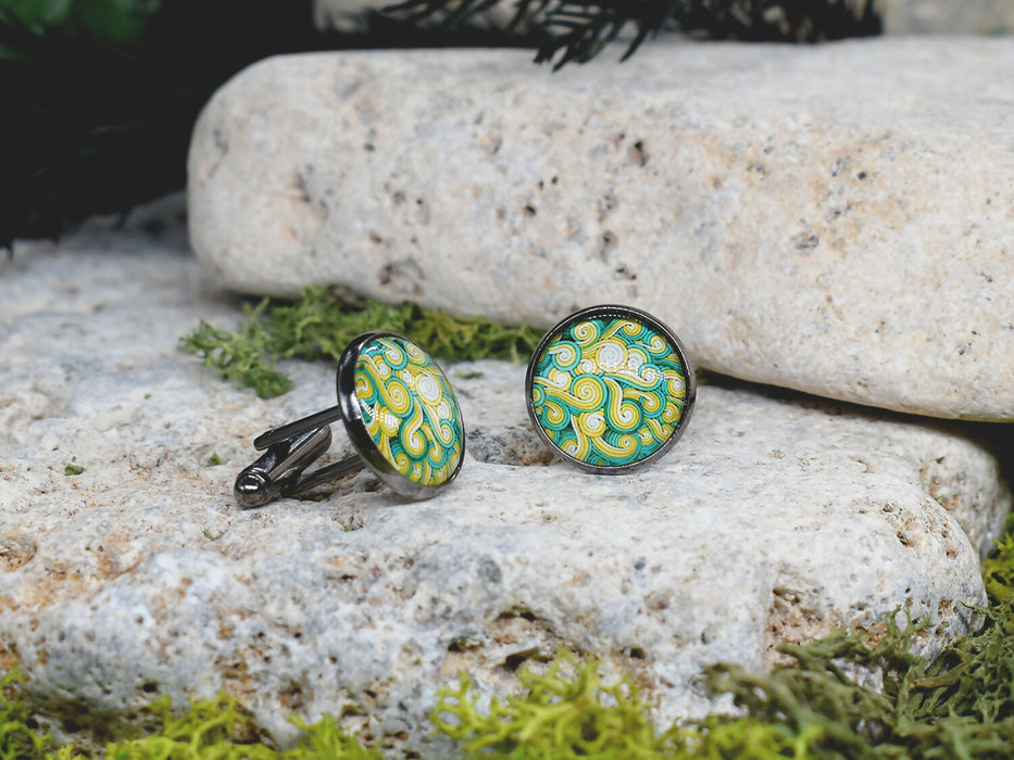 Black Steel Cufflinks with Abstract Glass #101