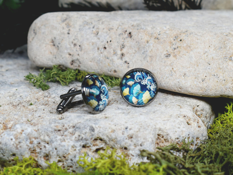 Black Steel Cufflinks with Abstract Floral Glass #88