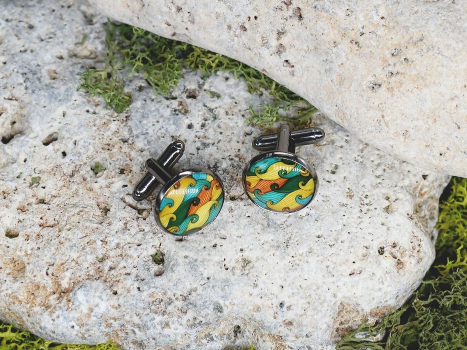 Black Steel Cufflinks with Abstract Glass #97
