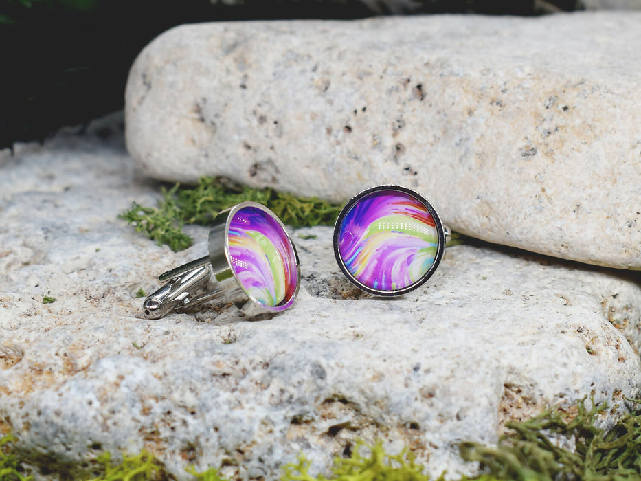 Silver Steel Cufflinks with Abstract Glass #113