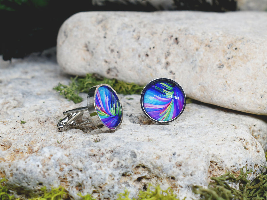Silver Steel Cufflinks with Abstract Glass #107