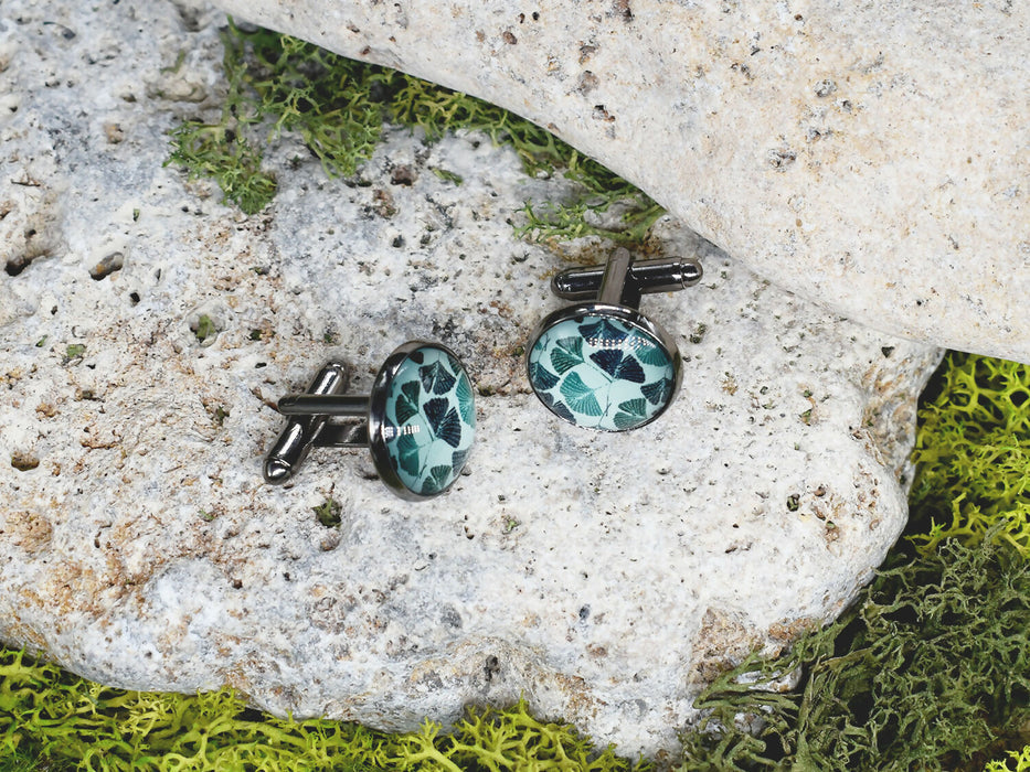 Black Steel Cufflinks with Abstract Floral Glass #85