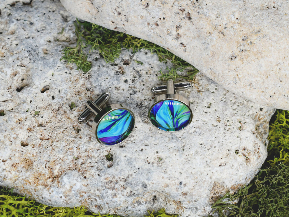 Silver Steel Cufflinks with Abstract Glass #106