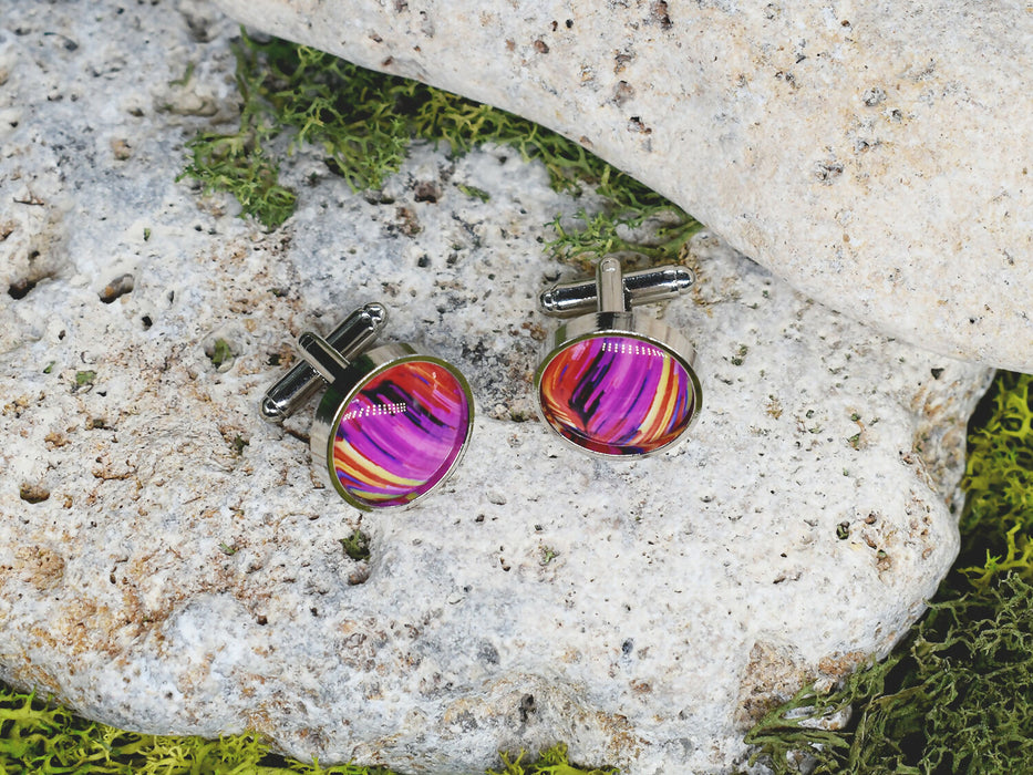 Silver Steel Cufflinks with Abstract Glass #112