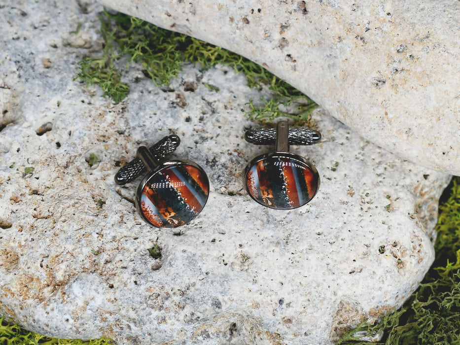 Black Steel Cufflinks with Abstract Glass #117