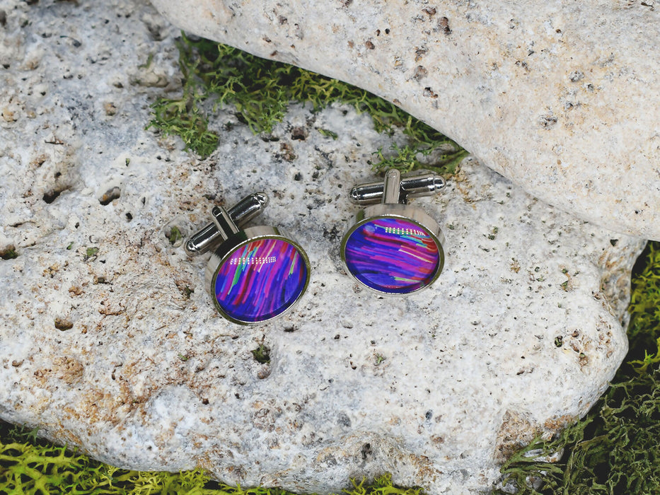 Silver Steel Cufflinks with Abstract Glass #110