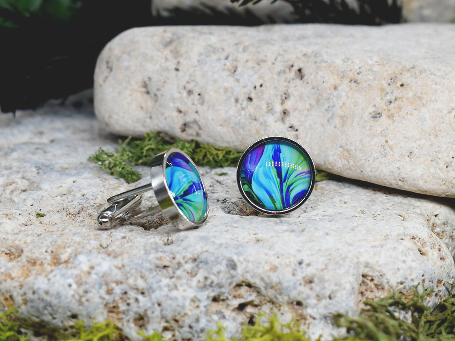 Silver Steel Cufflinks with Abstract Glass #106