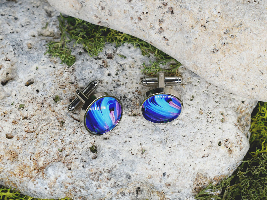 Silver Steel Cufflinks with Abstract Glass #108