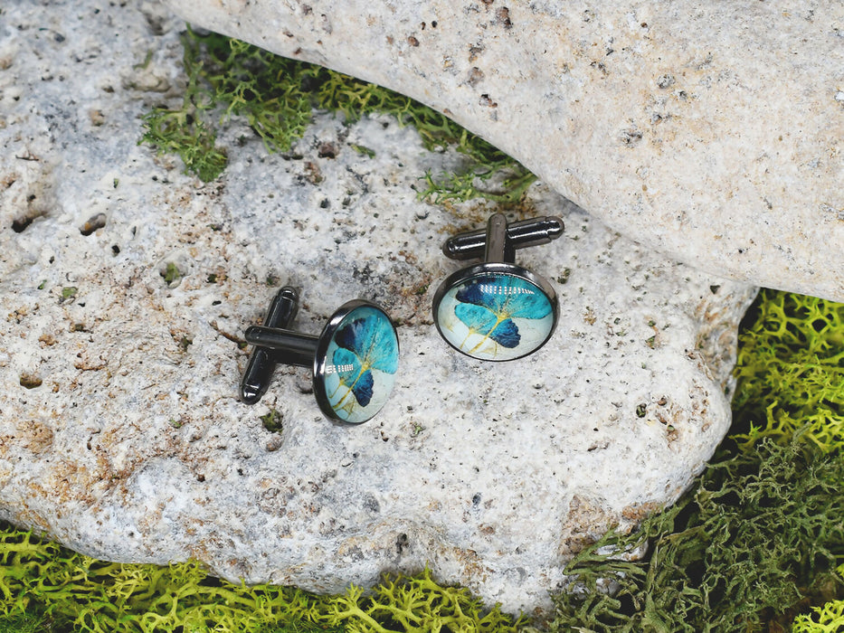 Black Steel Cufflinks with Abstract Floral Glass #84