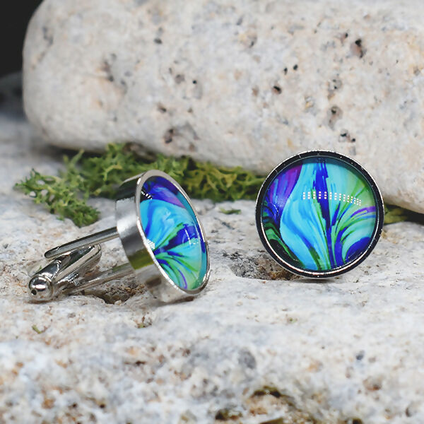 Silver Steel Cufflinks with Abstract Glass #106