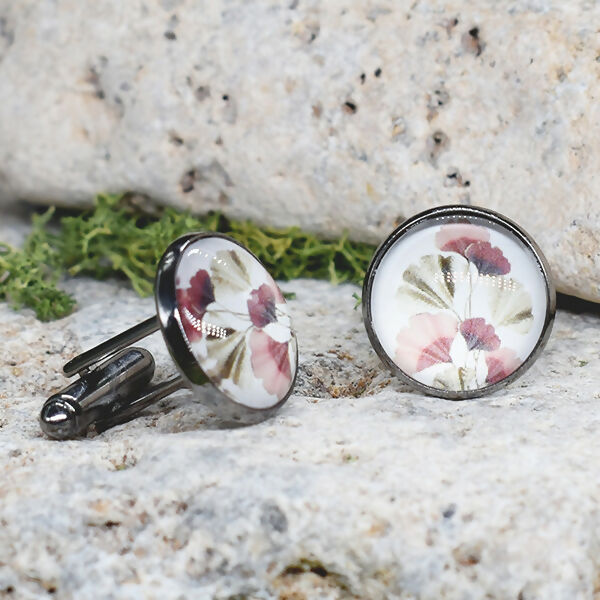Black Steel Cufflinks with Abstract Floral Glass #83