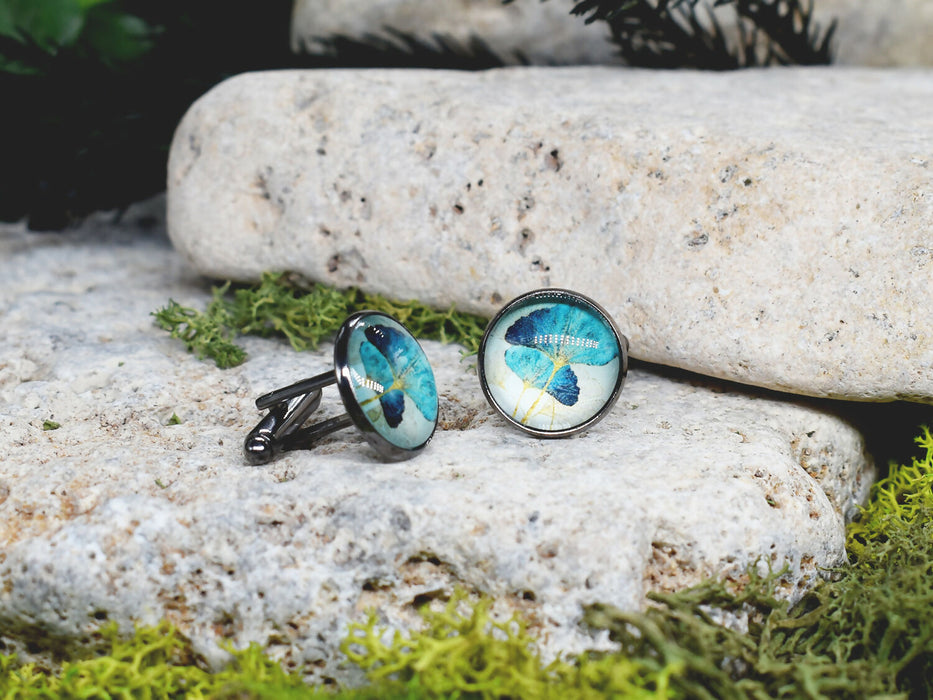 Black Steel Cufflinks with Abstract Floral Glass #84