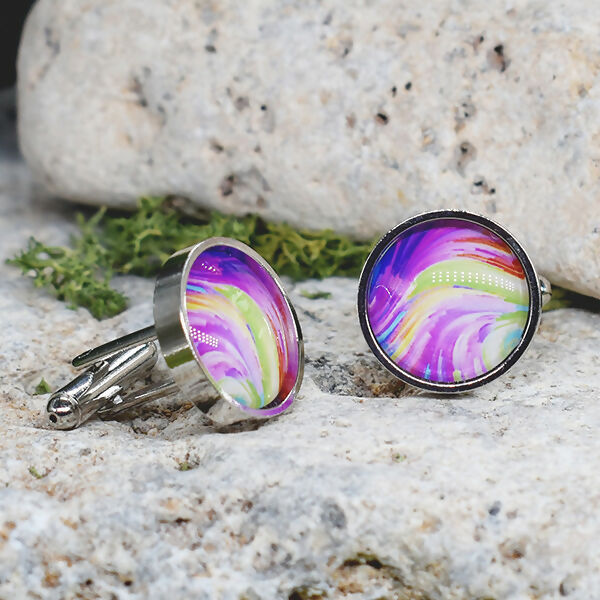 Silver Steel Cufflinks with Abstract Glass #113