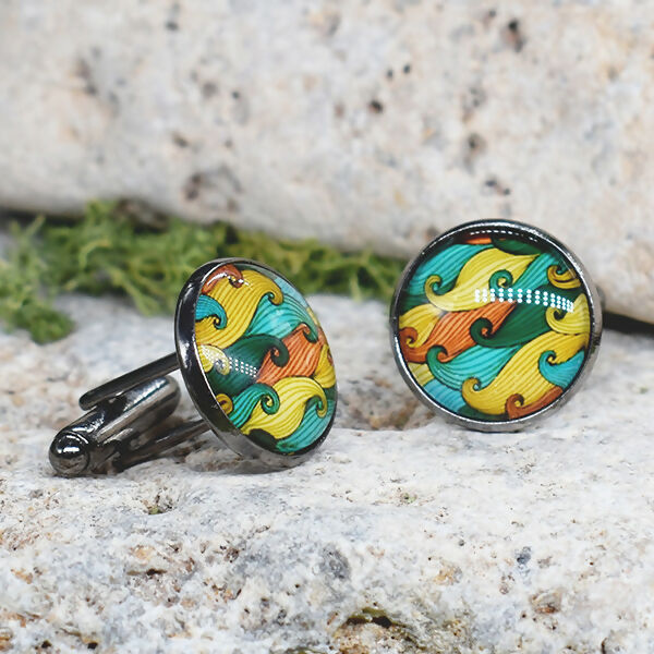 Black Steel Cufflinks with Abstract Glass #97