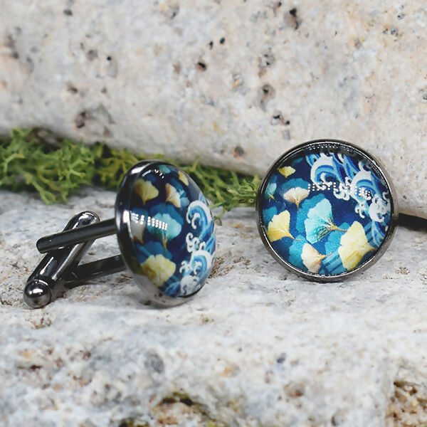 Black Steel Cufflinks with Abstract Floral Glass #88